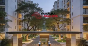 Imagem conceitual da cidade de São Paulo durante a noite, destacando prédios corporativos, vias iluminadas e elementos visuais de tecnologia, como câmeras de segurança, reconhecimento de placas e fluxos de dados digitais. A composição representa o conceito do Programa Muralha Paulista aplicado à segurança inteligente, evidenciando a integração de sistemas, o uso de inteligência artificial e a proteção estratégica de ambientes empresariais com apoio de soluções tecnológicas especializadas.